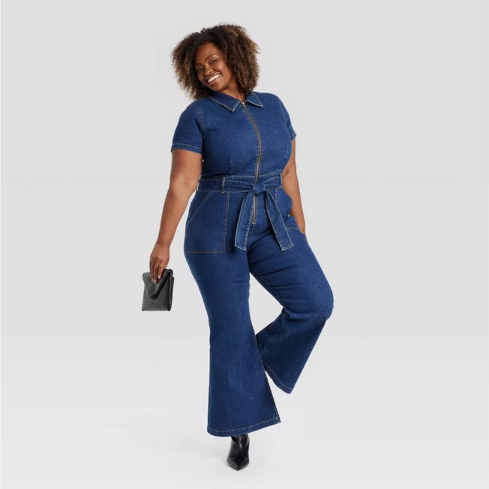 Women's Short Sleeve Denim Jumpsuit - Ava & Viv Dark Wash 20 - Picture 1 of 3